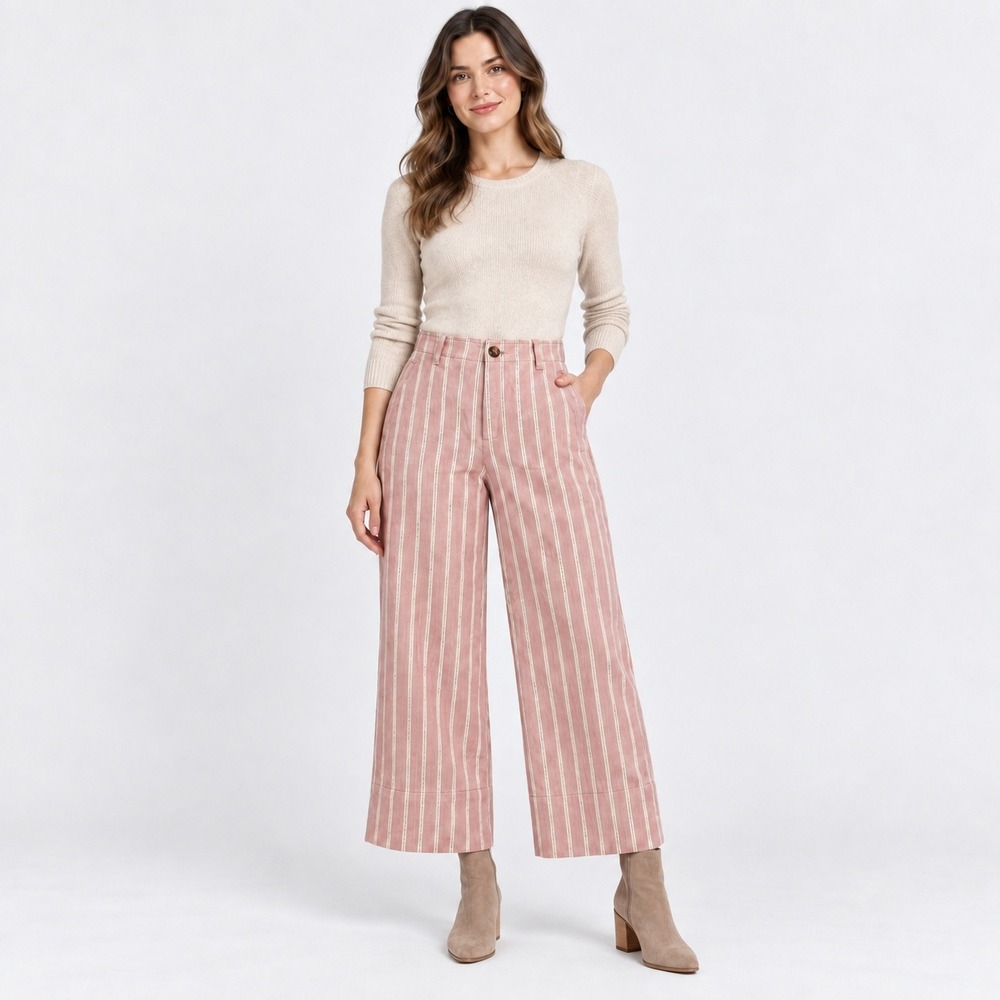 Banana Republic Womens 2 Wide Leg High Rise Cropped Pants Pink Striped Hamptons